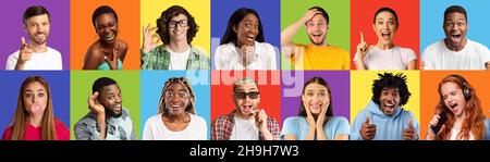 Calm funny shocked surprised smiling millennial international males and females Stock Photo