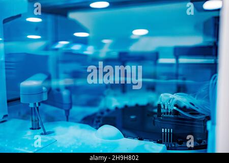 Machinery in the medical industry. A part of the machine for blood sampling in a lab. Stock Photo