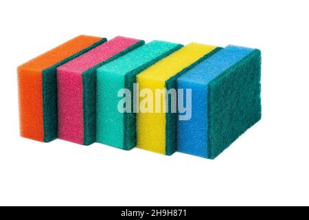 Group of foam sponges with abrasive material used by housewives who care about cleanliness in their favorite kitchen Stock Photo