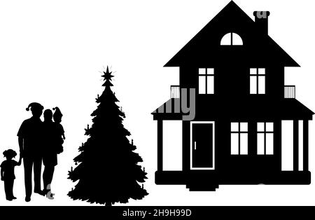 Family of silhouettes at home with christmas tree. Happy New Year. Stock Vector