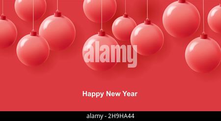 Happy New year poster with 3d red mono chrome balls on red backdrop with greeting Stock Vector