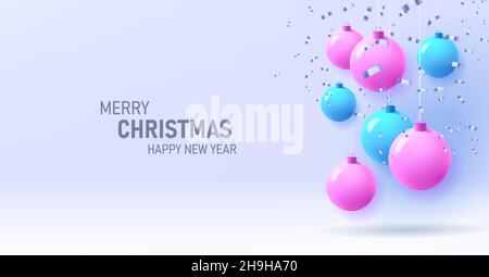 Blue and pink Christmas ball hangong with silver cofetti and greeting for boys and girls Stock Vector