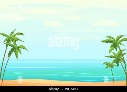 Sea beach. Summer seascape. Far away is the ocean horizon. Mild wet weather. Calm weather. Flat style illustration. Vector. Stock Vector