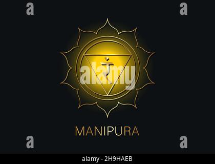 Manipura, solar plexus chakra symbol. Yellow ang gold logo template, colorful mandala. Spiritual meditation element vector illustration isolated Stock Vector