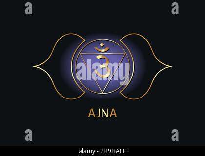 Third eye chakra Ajna logo template. The sixth frontal chakra, sacral gold sign meditation, yoga blue and purple round mandala icon vector isolated Stock Vector