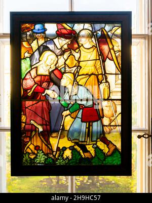 Stained glass depicting Tobias saying Good-bye to his parents, 16 century cc, France, Hermitage museum collection, St. Petersburg, Russia Stock Photo