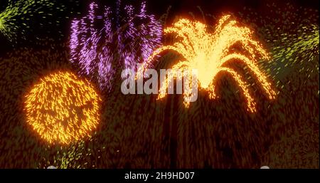 Fireworks explosion display in the night sky. New Year background. Stock Photo