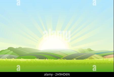 Spring juicy meadow. Rural landscape with grass and orchard farmer hills. Cute funny cartoon design. Flat style. Bright sunlight. Vector. Stock Vector