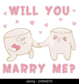 Cute kawaii marshmallow with a heart in his hand makes a marriage proposal to his lady marshmallow, Kawaii marshmallow characters in a flat style Stock Vector