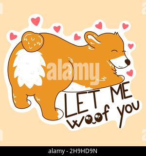 Cute sticker with a corgi turned booty surrounded by hearts, a love card with a confession of your feelings, an illustration in a hand-drawn style Stock Vector