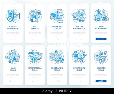 Distribution business startup tips onboarding mobile app page screen set Stock Vector