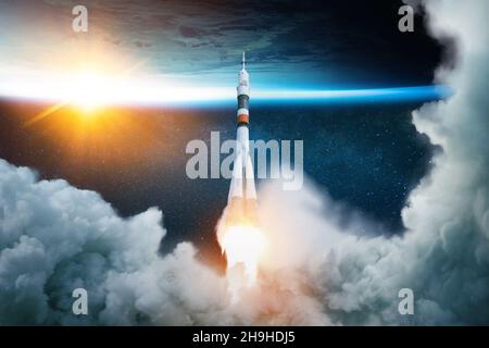 Rocket takes off into space with the planet. Spacecraft performs the space mission. Ship takes off into the starry sky.