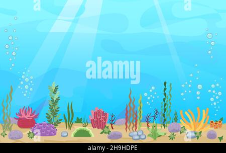 Sandy bottom of the reservoir. Blue transparent clear water. Sea ocean. Underwater landscape with plants, algae and corals. Illustration in cartoon Stock Vector