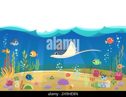 Bottom of reservoir with fish. Stingray. Blue water. Sea ocean. Underwater landscape with animals. plants, algae and corals. Isolated illusteration Stock Vector
