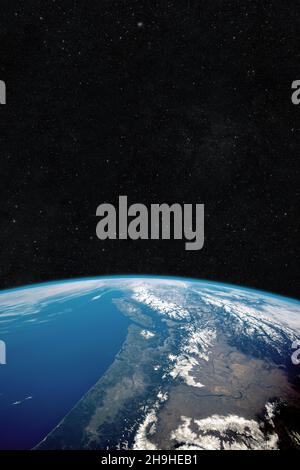 Beautiful blue planet earth in space against the background of stars. Universe Stock Photo