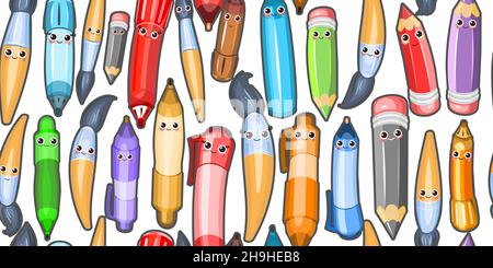 Stationery background illustration. Isolated on white background. Cute characters. Seamless horizontal pattern. Pencils and ballpoint and gel pens Stock Vector