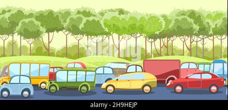 Heavy traffic on road. Seamless horizontal cartoon illustration. Asphalt path. Summer suburban landscape. Different cars in comic style. Vector Stock Vector