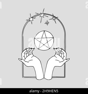 Vintage Mystic hands and 5 rays star inside arch Stock Vector