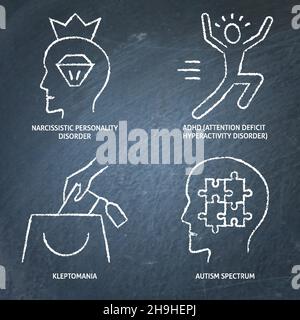 Chalkboard mental disorders icon set in line style. Panic attack ...