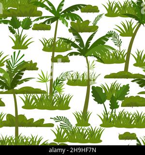 Green tropical background with jungle leaves. Isolated on white background. Thickets with palms in cartoon style. Seamless jungle pattern. Landscape Stock Vector
