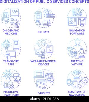 Digitalization of public services blue gradient concept icons set Stock Vector