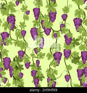 Bunches of grapes. Branches with berries on a dense bush. Young vineyard. Sweet autumn harvest. Seamless pattern. Winemaking Vector. Stock Vector
