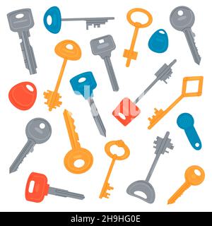 Modern and antique keys to door lock set vector illustration. Cartoon collection with metal keys of different shape and colors to open padlock in treasure chest, house or gate isolated on white Stock Vector