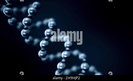 Spiral of silver molecules. Abstract vertical swirling spiral of metal balls on dark isolated background. Genetic spiral of interconnected metal molec Stock Photo