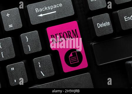 Text caption presenting Reform. Word Written on to amend or improve by change of forms or removal of faults Typing Advance Lesson And Lecture Plans Stock Photo