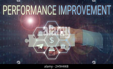 Hand writing sign Performance Improvement. Word Written on Measure and Modify the Output to increase efficiency Hand Holding Jigsaw Puzzle Piece Stock Photo