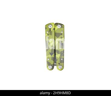 Swiss knife isolated on white background. green carbon and grey multi functional tool. Stock Photo