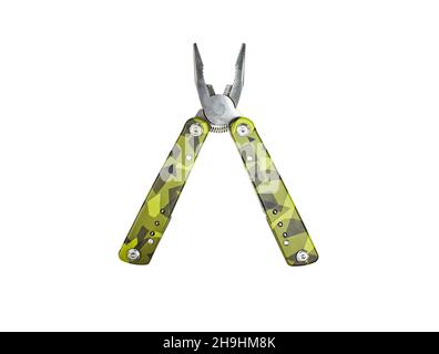 Swiss knife isolated on white background. green carbon and grey multi functional tool. Stock Photo