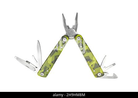 Swiss knife isolated on white background. green carbon and grey multi functional tool. Stock Photo