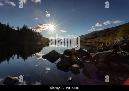 Sunset over Llyn Mymbyr, Snowdonia, North Wales Stock Photo