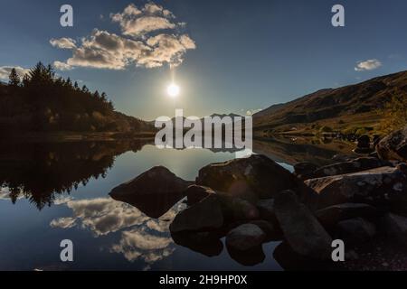 Sunset over Llyn Mymbyr, Snowdonia, North Wales Stock Photo