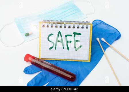 Text showing inspiration Safe. Concept meaning protected from or not exposed to danger or risk Not likely to be harmed Preparing And Writing Stock Photo