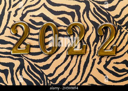 Number 2022 on Tiger Cloth,  flat lay. Symbol 2022 Tiger Stock Photo