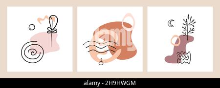 Set of hand drawn shape and line art objects, mountain, line, tree, leaf, moon, sun. Stock Vector