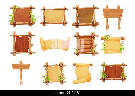 Set Frames from sticks, wooden planks decorated with grass and liana, parchment in comic cartoon style isolated on white background. Border, jungle panel textured and detailed. Game asset, menu. Vector illustration Stock Vector