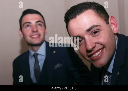 Exclusive - Richard and Adam Johnson pose for photos backstage at Cadogan Hall, London, on the last date of their nationwide tour. Stock Photo