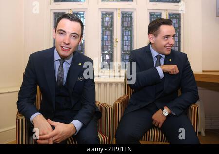 Exclusive - Richard and Adam Johnson pose for photos backstage at Cadogan Hall, London, on the last date of their nationwide tour. Stock Photo