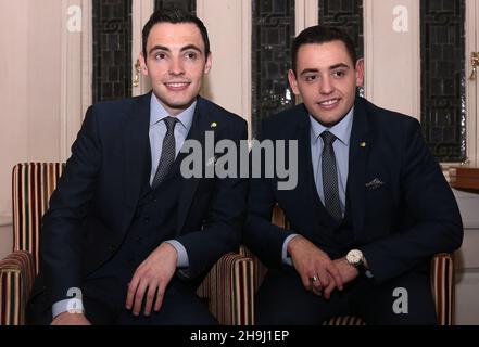 Exclusive - Richard and Adam Johnson pose for photos backstage at Cadogan Hall, London, on the last date of their nationwide tour. Stock Photo