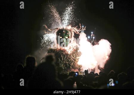 The burning of the Green Man effigy closes the 2014 Green Man festival in Glanusk Park, South Wales Stock Photo