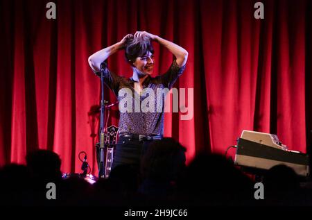 Lou Doillon, daughter of Jane Birkin and French film director Jacques Doillon and previously the face of Givenchy, performing live on stage with her band on the first date of her new tour at Bush Hall in London Stock Photo