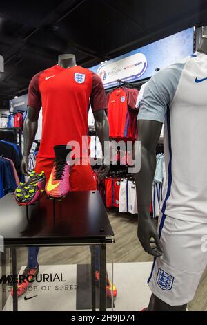 Views inside the DW sports shop in Manchester showing the England kit ahead of the 2016 Euro Championships. From a series of general views of the DW sports shop in the Arndale centre in Manchester around the launch of the new Nike Mercurial football boot. Stock Photo