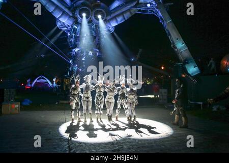 Some of the cast in Arcadia's Metamorphosis show at the 2016 Glastonbury festival. From a series of photos taken on the day (Wednesday) Glastonbury 2016 opened to the public. Stock Photo