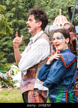 Philip Bosworth and Emily Essery of The Enfants Terribles theatre company performing The Fantastical Flying Exploratory Laboratory at the 2016 Latitude Festival Stock Photo
