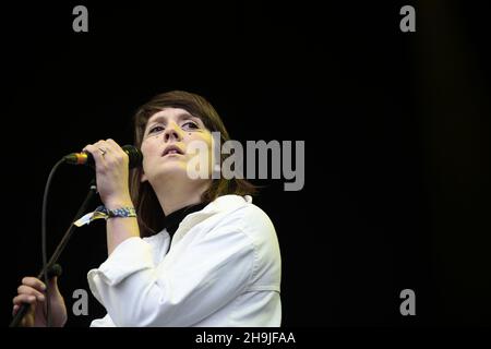 Cate le Bon performing on the Mountain Stage at the 2016 Green Man festival in the Brecon Beacons in South Wales. Picture date: Saturday August 20, 2016. Photo credit should read: Richard Gray/ EMPICS Entertainment. Stock Photo