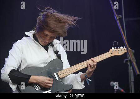 Cate le Bon performing on the Mountain Stage at the 2016 Green Man festival in the Brecon Beacons in South Wales. Picture date: Saturday August 20, 2016. Photo credit should read: Richard Gray/ EMPICS Entertainment. Stock Photo