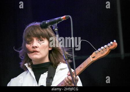 Cate le Bon performing on the Mountain Stage at the 2016 Green Man festival in the Brecon Beacons in South Wales. Picture date: Saturday August 20, 2016. Photo credit should read: Richard Gray/ EMPICS Entertainment. Stock Photo